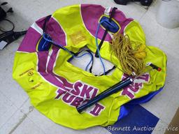 Pull behind Ski Tube II boating tube has hand pump and includes tow rope. Tube is 48" round.
