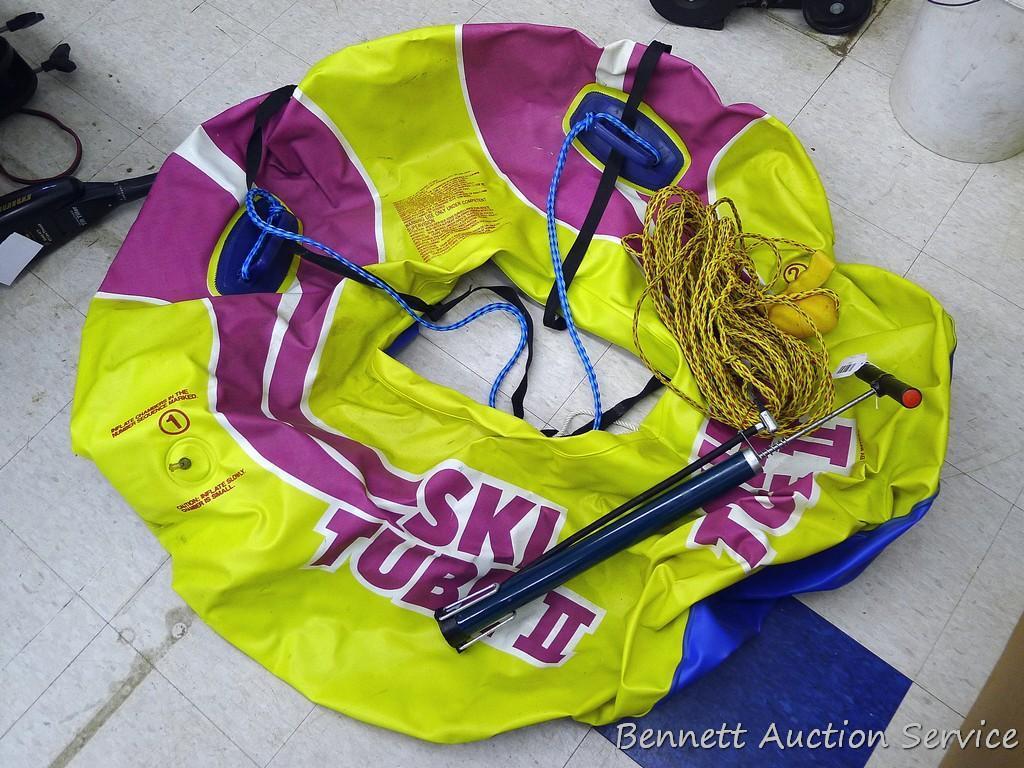 Pull behind Ski Tube II boating tube has hand pump and includes tow rope. Tube is 48" round.