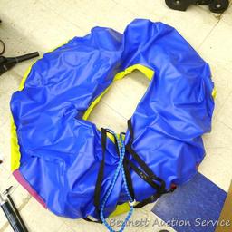 Pull behind Ski Tube II boating tube has hand pump and includes tow rope. Tube is 48" round.