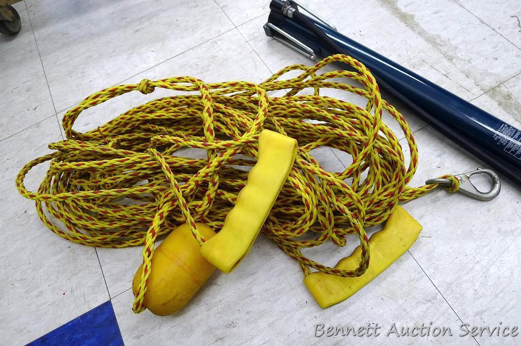 Pull behind Ski Tube II boating tube has hand pump and includes tow rope. Tube is 48" round.