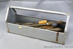 Metal tool caddy holds rasps and files. Box is about 18" x 6" x 8". Minor amount of rust noted.
