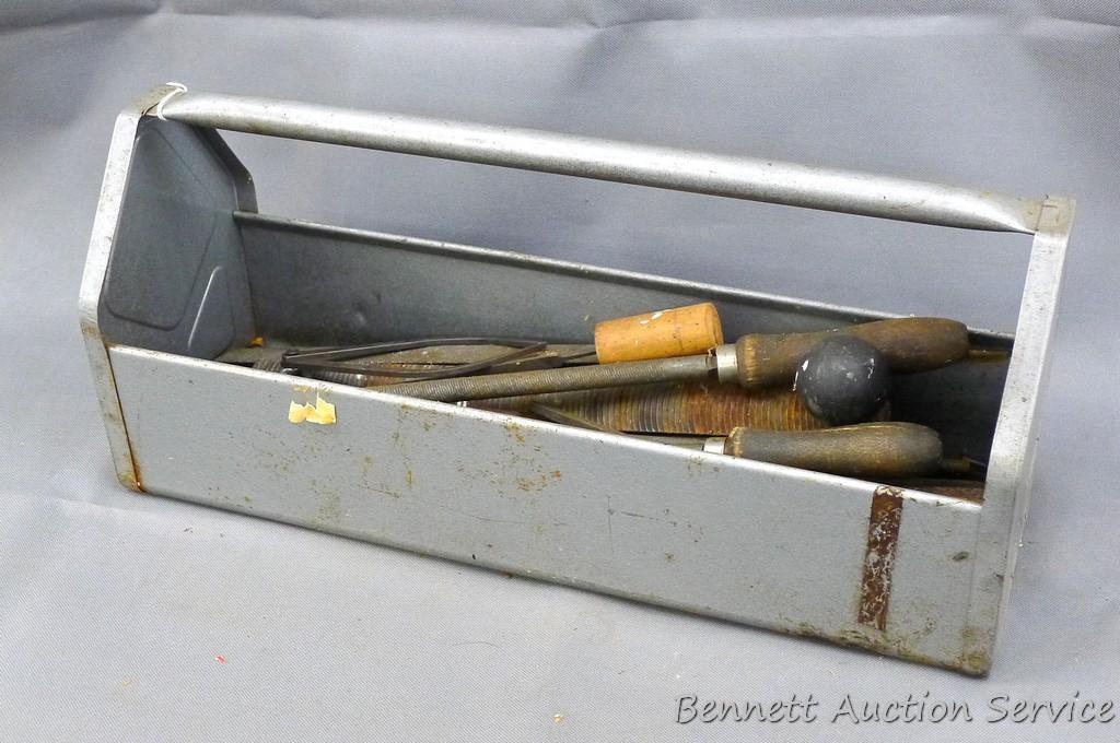 Metal tool caddy holds rasps and files. Box is about 18" x 6" x 8". Minor amount of rust noted.