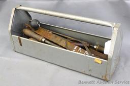 Metal tool caddy holds rasps and files. Box is about 18" x 6" x 8". Minor amount of rust noted.