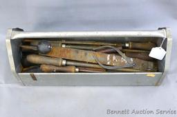 Metal tool caddy holds rasps and files. Box is about 18" x 6" x 8". Minor amount of rust noted.