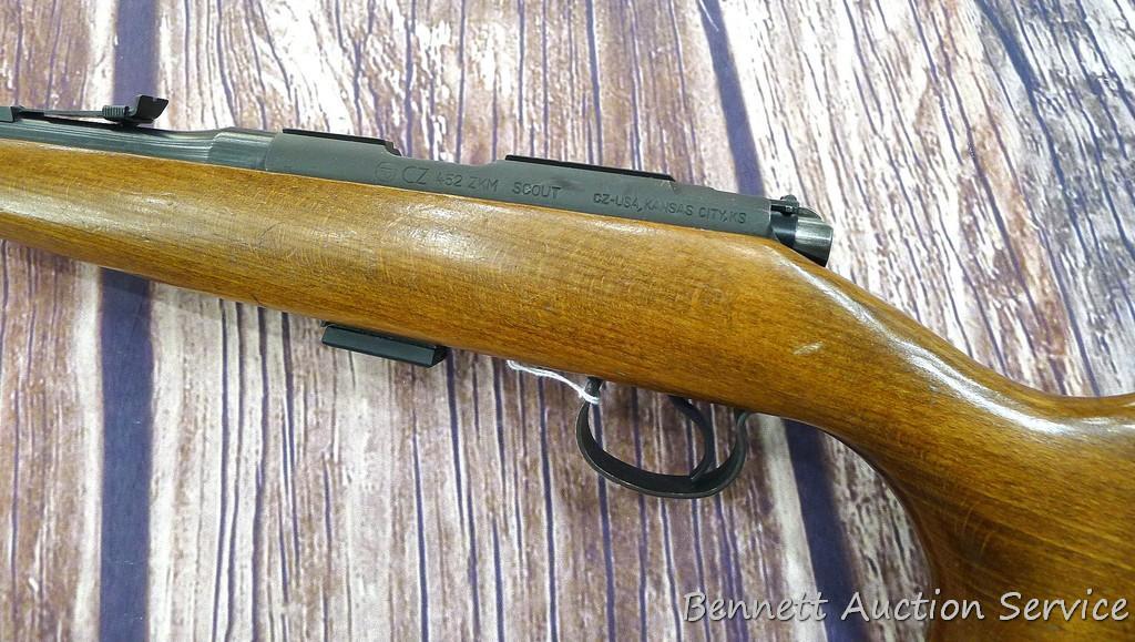 CZ Model 452 ZKM Scout youth model .22 bolt action rifle with single shot adapter. Rifle has a 12"