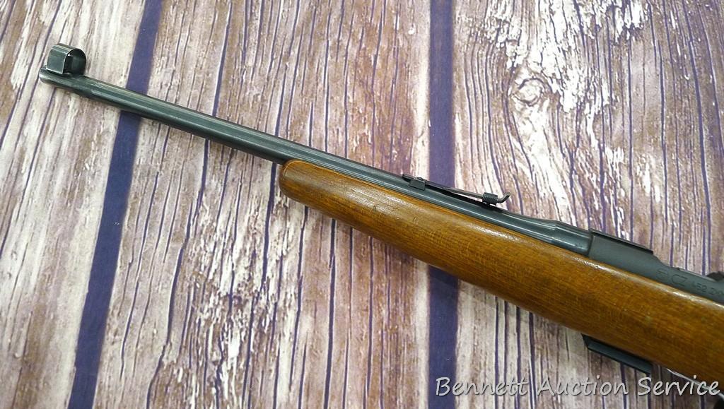 CZ Model 452 ZKM Scout youth model .22 bolt action rifle with single shot adapter. Rifle has a 12"
