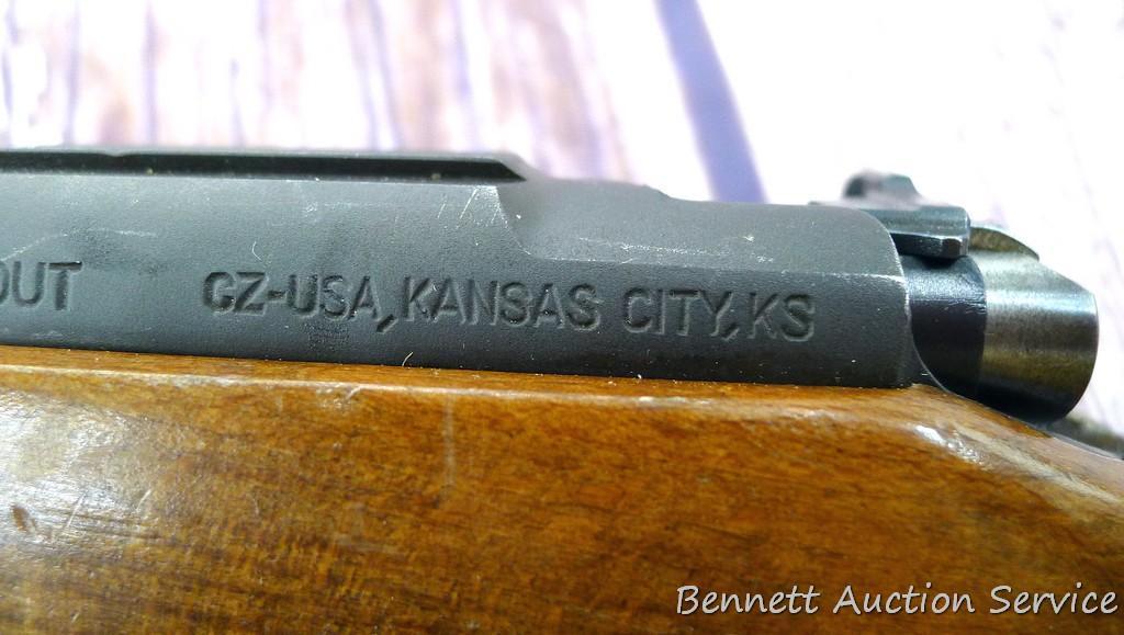CZ Model 452 ZKM Scout youth model .22 bolt action rifle with single shot adapter. Rifle has a 12"