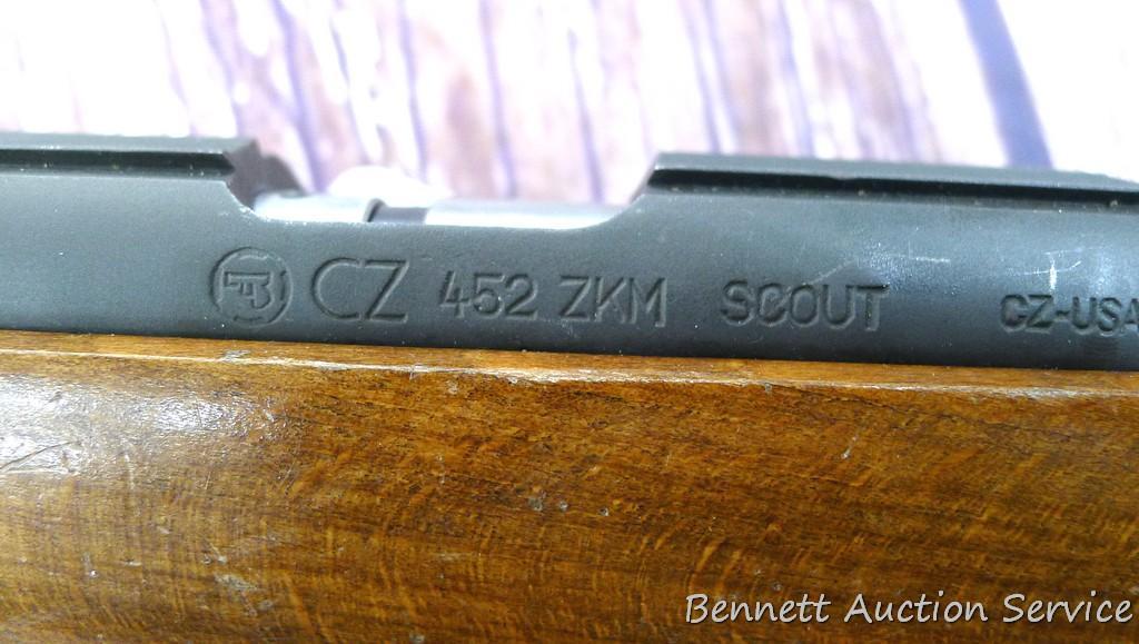 CZ Model 452 ZKM Scout youth model .22 bolt action rifle with single shot adapter. Rifle has a 12"