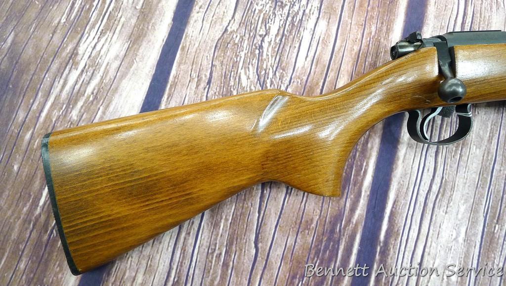 CZ Model 452 ZKM Scout youth model .22 bolt action rifle with single shot adapter. Rifle has a 12"