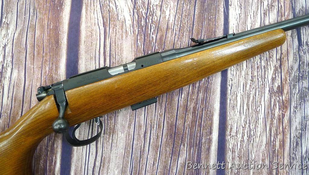 CZ Model 452 ZKM Scout youth model .22 bolt action rifle with single shot adapter. Rifle has a 12"
