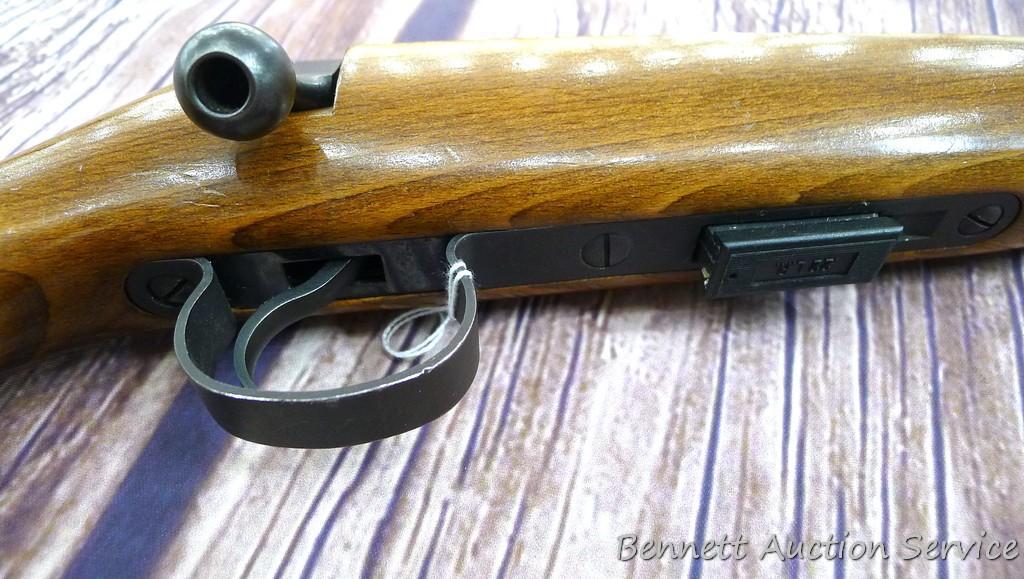 CZ Model 452 ZKM Scout youth model .22 bolt action rifle with single shot adapter. Rifle has a 12"