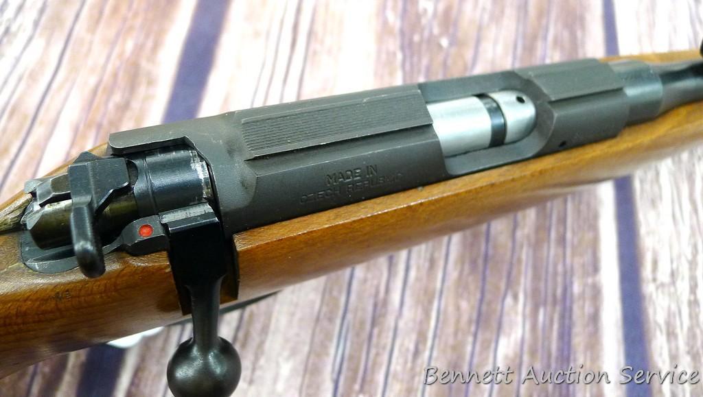 CZ Model 452 ZKM Scout youth model .22 bolt action rifle with single shot adapter. Rifle has a 12"