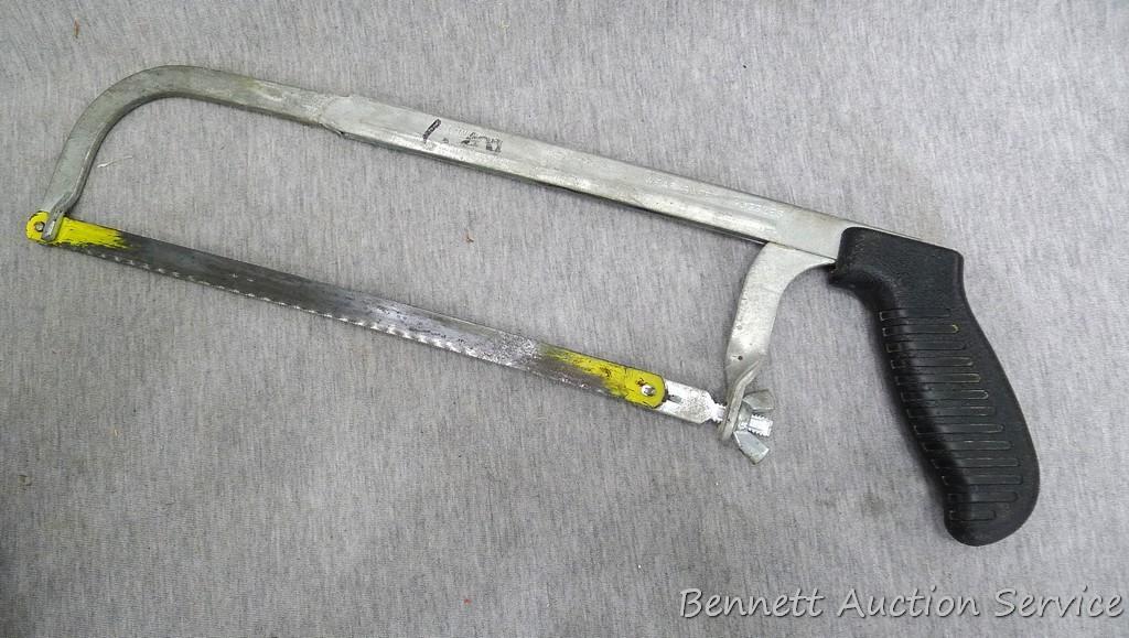 Pair of needle nose, regular, wire cutter pliers, hack saw and more.