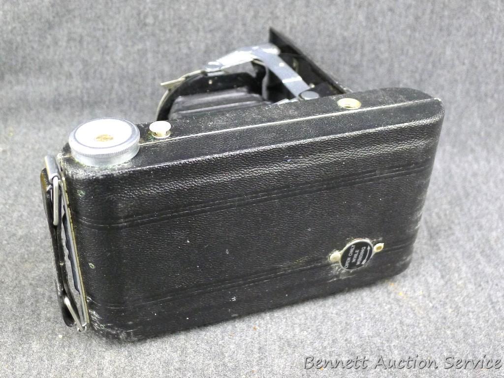 Vintage Kodak Vigilant Junior Six-20 camera is about 6-1/2" x 3-1/2" x 5-1/4" when unfolded. Looks