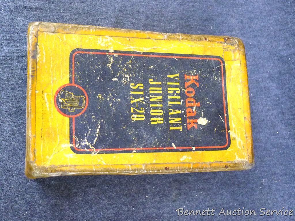 Vintage Kodak Vigilant Junior Six-20 camera is about 6-1/2" x 3-1/2" x 5-1/4" when unfolded. Looks