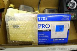 Pro1 single stage programmable thermostat; Intermatic indoor/outdoor timer; two Nelson Rain Date
