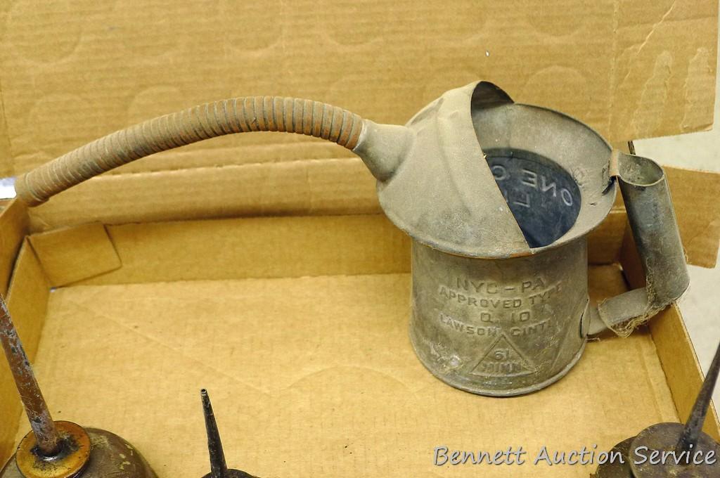 Metal 1 quart oil can with bendable spout. Side of can reads NYC-PA approved type Q 10 Lawson Cinti