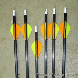 Six Gold Tip XT Hunter 7595 carbon arrows with field tips are 30" long. One is missing tip.