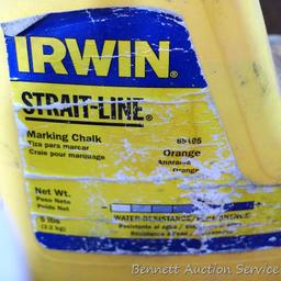 Partial container of Irwin straight line marking chalk, Lufkin 25ft 1" tape measure, 100ft tape