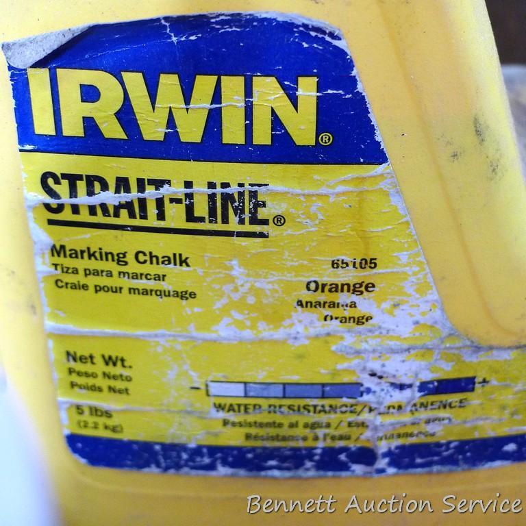 Partial container of Irwin straight line marking chalk, Lufkin 25ft 1" tape measure, 100ft tape