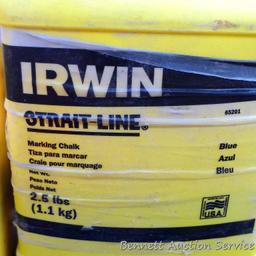 Partial container of Irwin straight line marking chalk, Lufkin 25ft 1" tape measure, 100ft tape