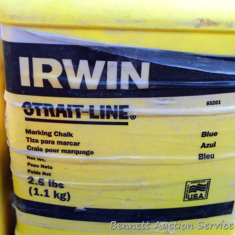 Partial container of Irwin straight line marking chalk, Lufkin 25ft 1" tape measure, 100ft tape
