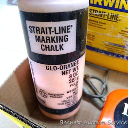 Partial container of Irwin straight line marking chalk, Lufkin 25ft 1" tape measure, 100ft tape