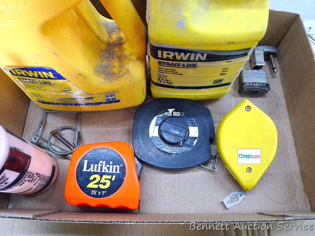 Partial container of Irwin straight line marking chalk, Lufkin 25ft 1" tape measure, 100ft tape