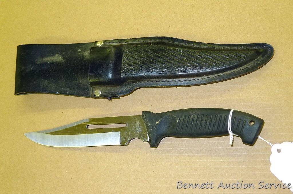 Maxam Skinner knife is 11" long with nice leather sheath.