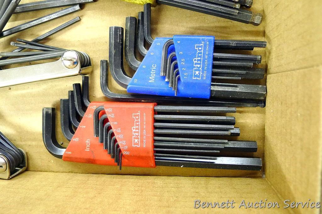 Several sets of SAE and metric hex wrenches; Eklind Tool Co. Torx set from T10 to T40; Eklind SAE
