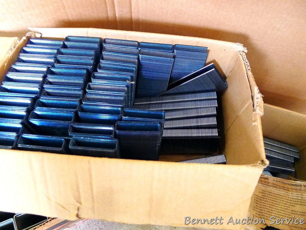 Partial box of Paslode 1/2" x 1-1/2" 16 gauge crown staples; partial box of Paslode 1/2" x 1-3/4" 16
