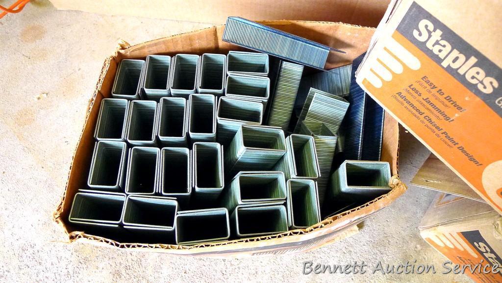 Partial box of Paslode 1/2" x 1-1/2" 16 gauge crown staples; partial box of Paslode 1/2" x 1-3/4" 16