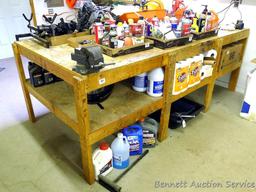 Heavy duty homemade work bench with lower shelf is 4' x 8' x 34-1/2" tall.
