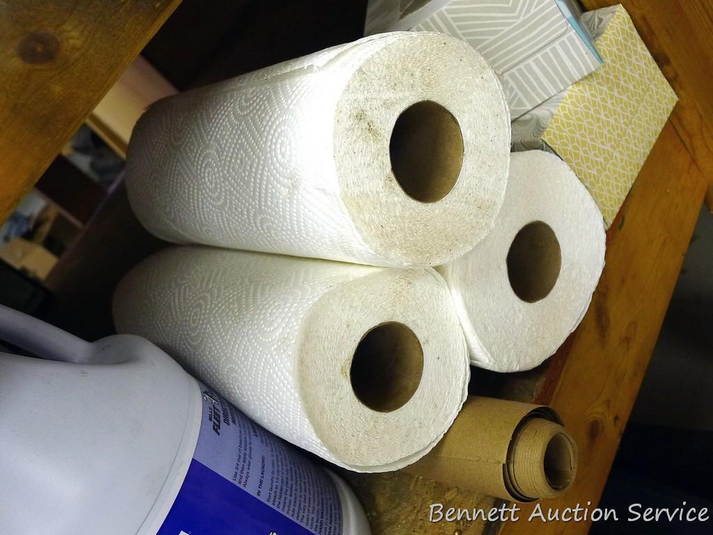 No Shipping.  Two new pkgs. Paper towel plus 3 partial rolls; 2 boxes Kleenex; 1-1/2 gallons bleach;