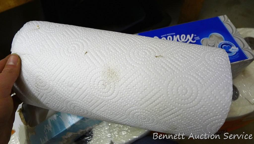 No Shipping.  Two new pkgs. Paper towel plus 3 partial rolls; 2 boxes Kleenex; 1-1/2 gallons bleach;