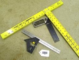 Stanley adjustable 12" square; Stanley 8" square; Swanson 48" T-Square.