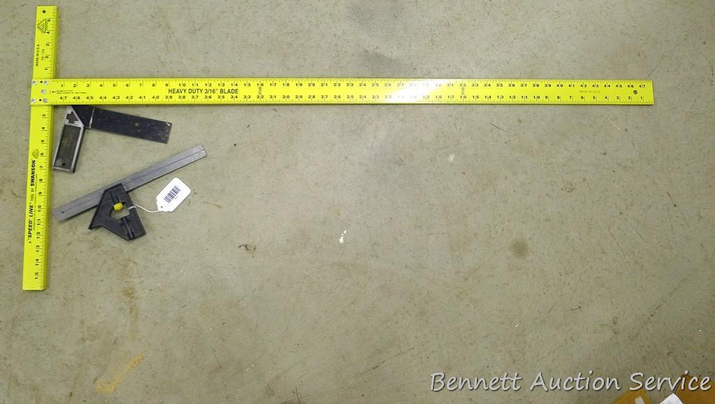 Stanley adjustable 12" square; Stanley 8" square; Swanson 48" T-Square.