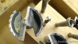 Variety of forstner bits up to 1-3/4"; sanding drums up to 2".