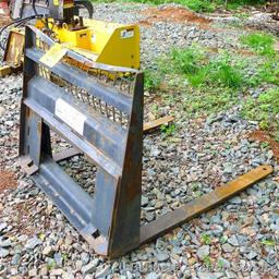 Quick connect pallet forks for Bobcat or other skid steer. Forks are 4' long, 4" wide. Back board is