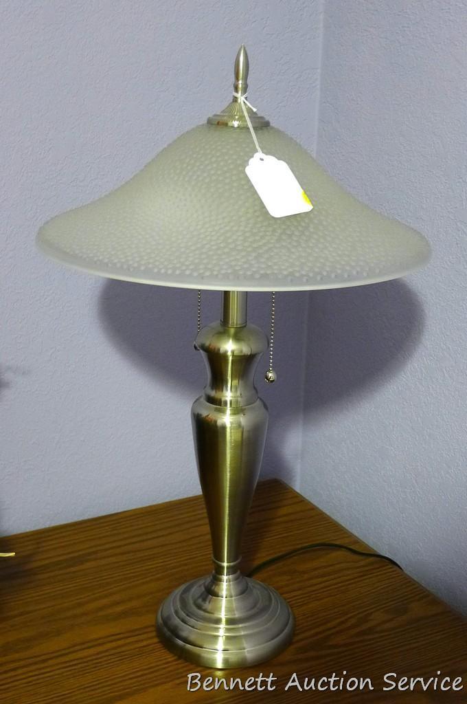 24" tall table lamp with brushed finish and glass shade looks classy. Works. Matches Lot 774