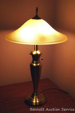 24" tall table lamp with brushed finish and glass shade looks classy. Works. Matches Lot 774