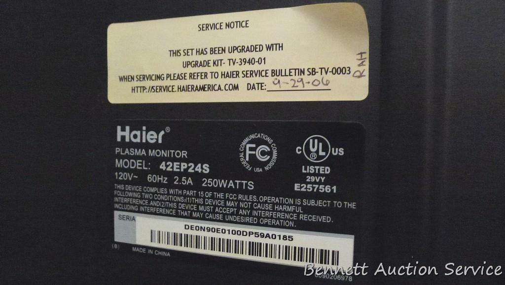 42" Haier plasma television; TV is model 42EP24S. JVC XV-N3 DVD/CD player. Both units power up and