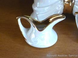 Vintage serving pieces are unmarked and include small creamer, sugar and centerpiece; other