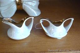Vintage serving pieces are unmarked and include small creamer, sugar and centerpiece; other