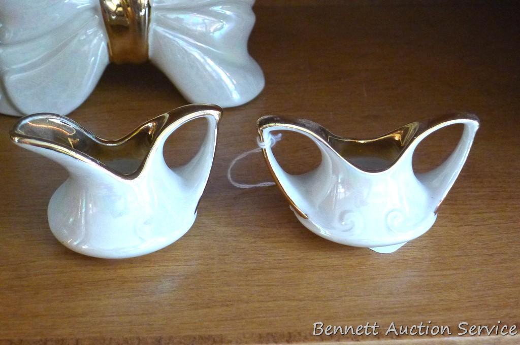 Vintage serving pieces are unmarked and include small creamer, sugar and centerpiece; other