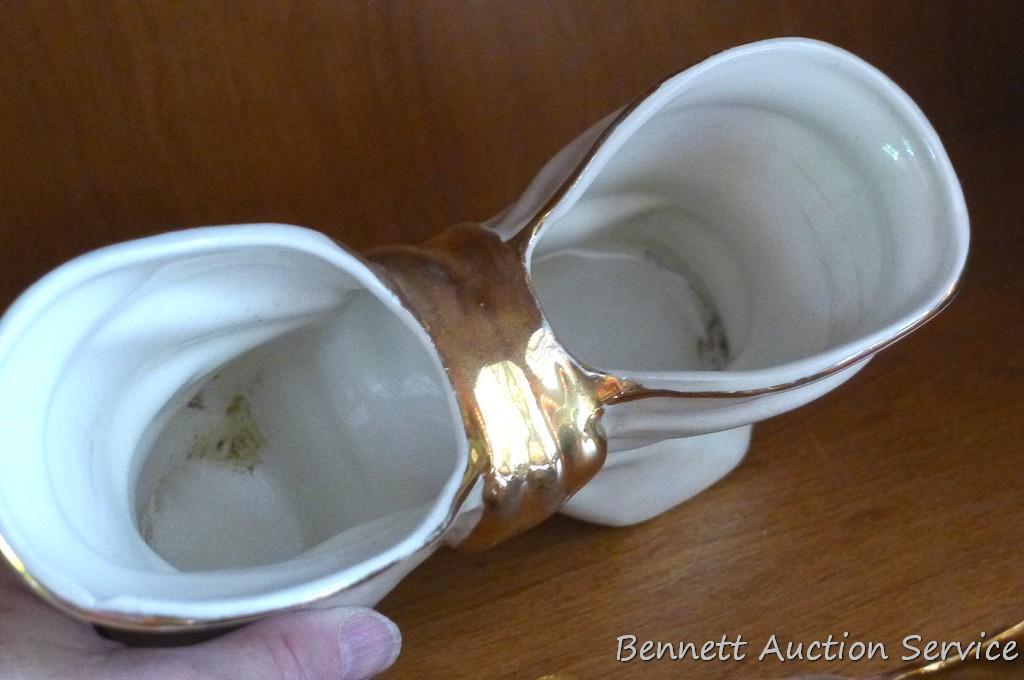 Vintage serving pieces are unmarked and include small creamer, sugar and centerpiece; other