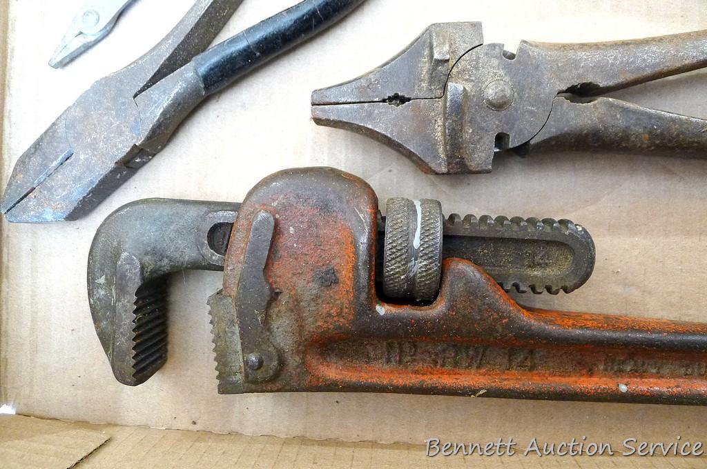 Reed Mfg. 14" pipe wrench, jaws look good; antique fencing pliers; linesman pliers and more.