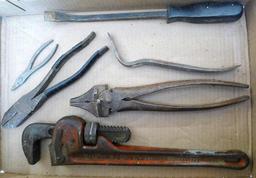 Reed Mfg. 14" pipe wrench, jaws look good; antique fencing pliers; linesman pliers and more.