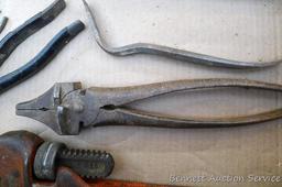 Reed Mfg. 14" pipe wrench, jaws look good; antique fencing pliers; linesman pliers and more.