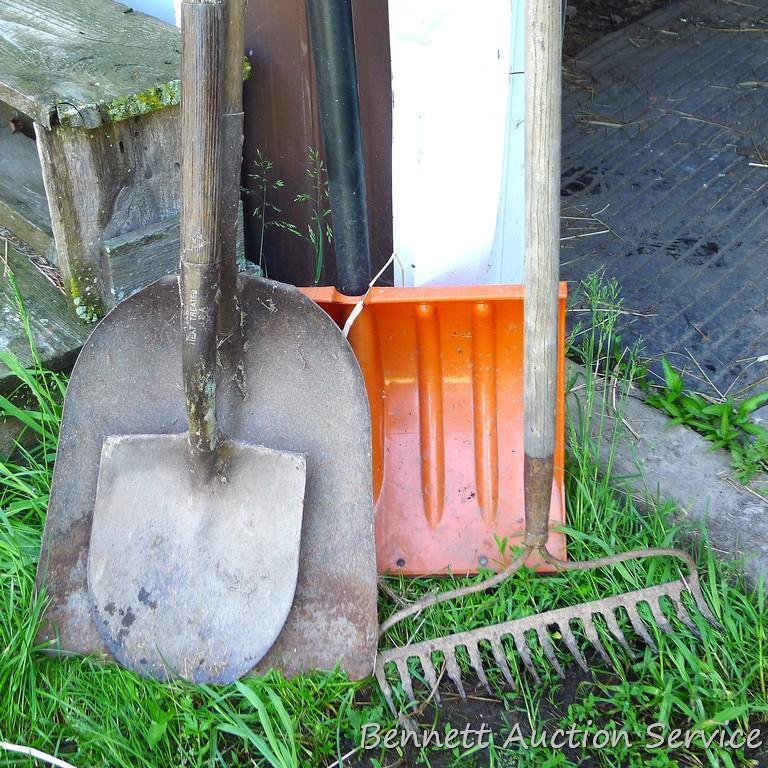 Rock rake, spade and snow shovel, more. Tallest stands 65".